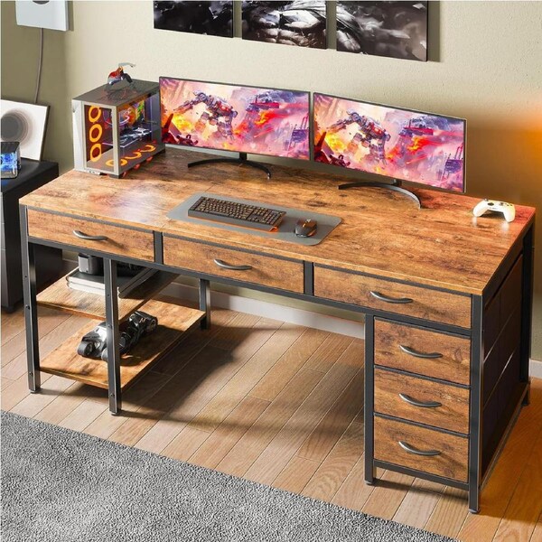 ApexSpace 120CM Computer Desk with 6 Drawers Gaming Desk with Reversible Ample Storage Organization Shelves Ideal Office Desk for Home Study Work Rustic Brown