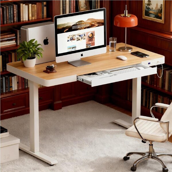 ApexSpace 120CM Electric Standing Desk with Drawers & USB Ports Height Adjustable Sit Stand Desk Lifting Table with Power Outlets One-Piece Wooden Tabletop Tables Maple