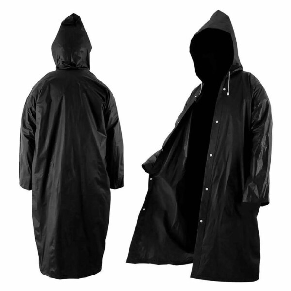 Mens Womens Long Hooded Raincoat Black Waterproof Jacket EVA Rainwear