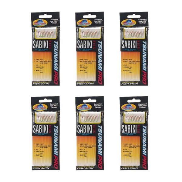 6x Tsunami 6 Red Hook Sabiki Rig - TS68G Hage Green Head Flash and Beads Size 6