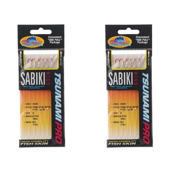 2x Tsunami 6 Red Hook Sabiki Rig - TS68G Hage Green Head Flash and Beads Size 8