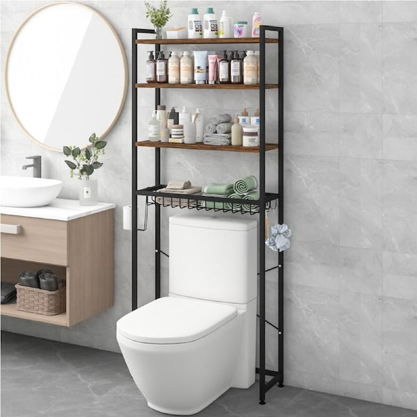 Advwin 4 Tier Over The Toilet Storage Rack, Over Toilet Bathroom Organizer Metal Shelf with Paper Holder and Hooks, 70*24*170cm