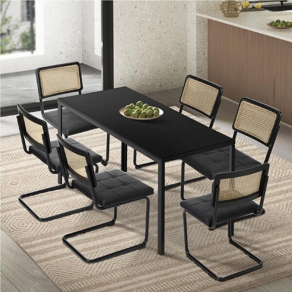 Oikiture 140cm Rectangle Dining Table with 6PCS Dining Chairs Leather Black