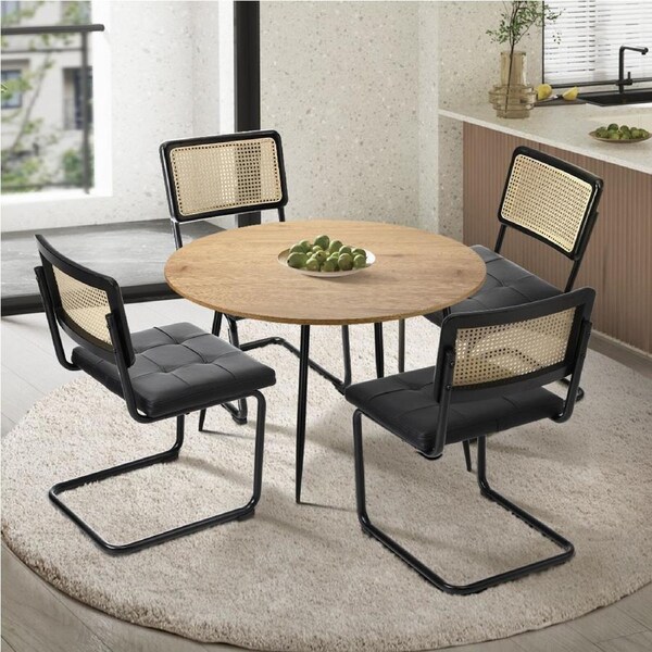 Oikiture 5PCS Dining sets 110cm Round Table with Chairs Leather Padded Black