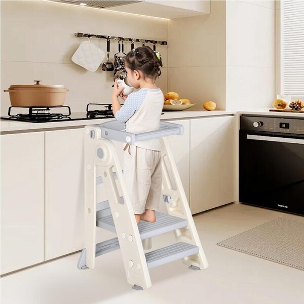 Advwin Foldable Kids Step Stool Adjustable Standing Tower Toddler Kitchen Helper with Safety Rail for Kitchen & Learning