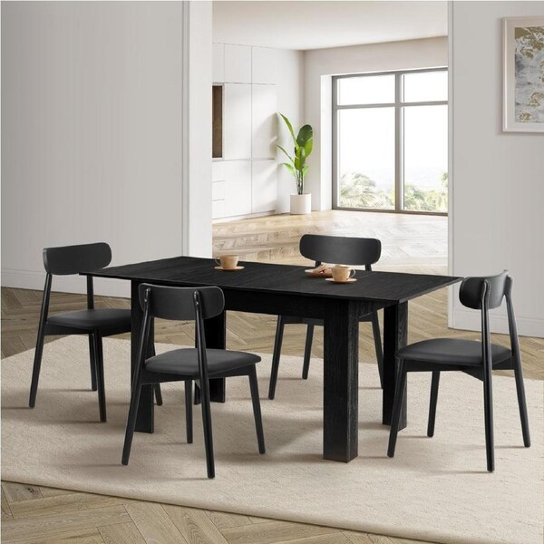 Oikiture 160cm Extendable Dining Table with 4x Dining Chairs PU Leather Black