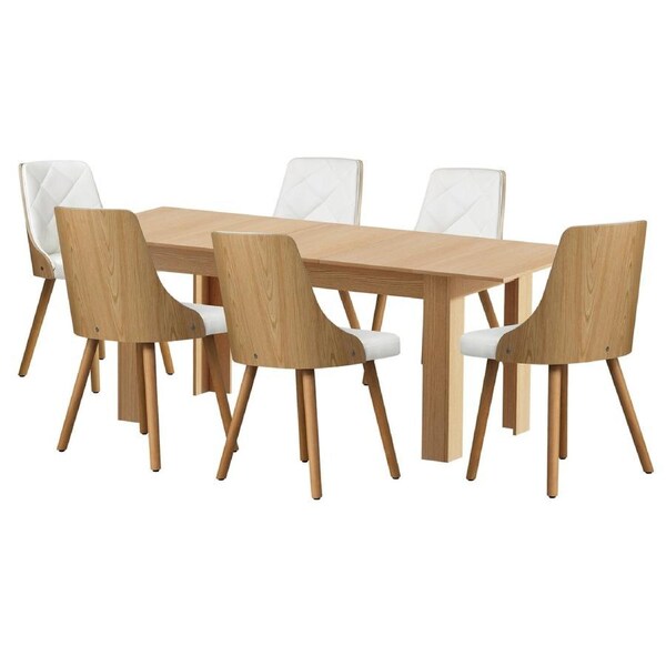Oikiture 200cm Extendable Dining Table with 6PCS Dining Chairs PU Leather White