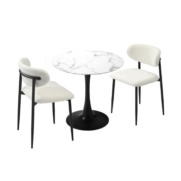 Oikiture 60cm Round Dining Table with 2x Dining Chairs Boucle White&Black