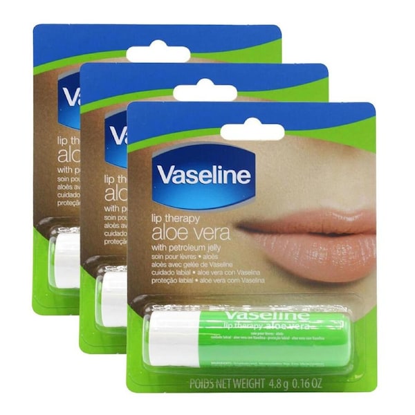 3x Vaseline 4.8g Lip Therapy Balm Stick Aloe Vera w/Petroleum Jelly For Dry Lips