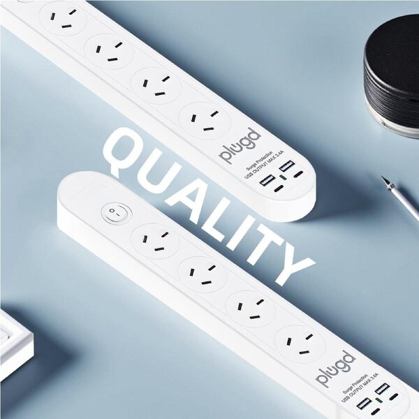 Plugd 2 USB A + 2 USB C 240V 10A Powerboard with ?Surge Protection?