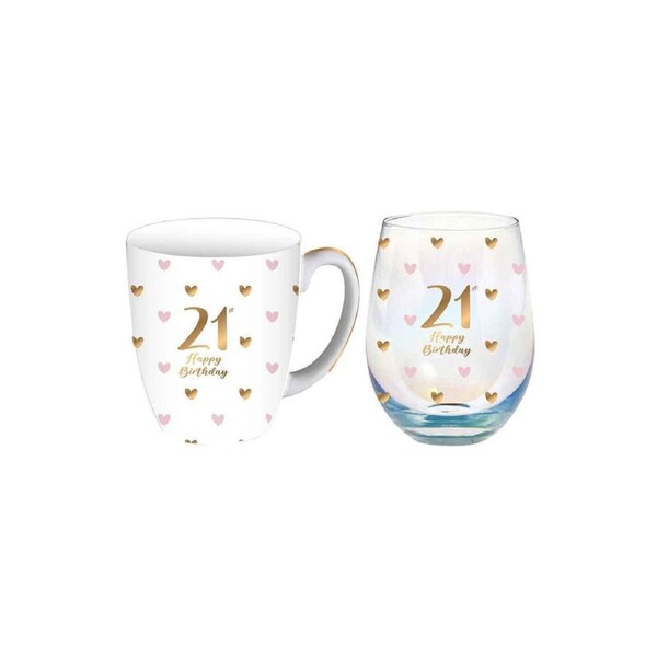 LMD Glass 21st Sweet Heart Mug & Stemless Set Drinkware/Glassware 400ml/520ml