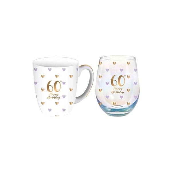 LMD Glass 60th Sweet Heart Mug & Stemless Set Drinkware/Glassware 400ml/520ml