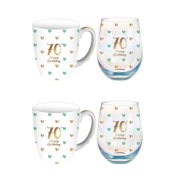 2PK LMD Glass 70th Sweet Heart Mug & Stemless Set Drinkware 400ml/520ml