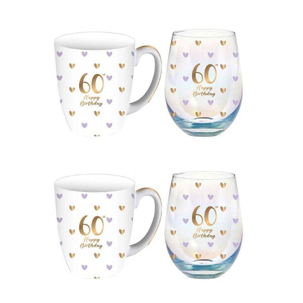 2PK LMD Glass 60th Sweet Heart Mug & Stemless Set Drinkware 400ml/520ml
