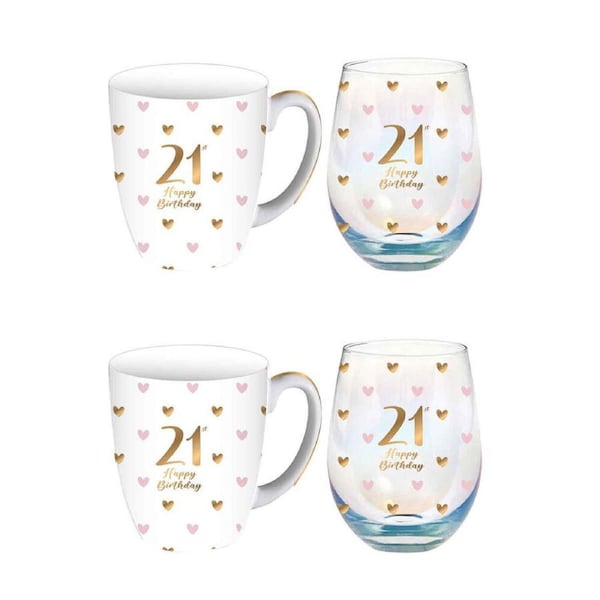 2PK LMD Glass 21st Sweet Heart Mug & Stemless Set Drinkware 400ml/520ml