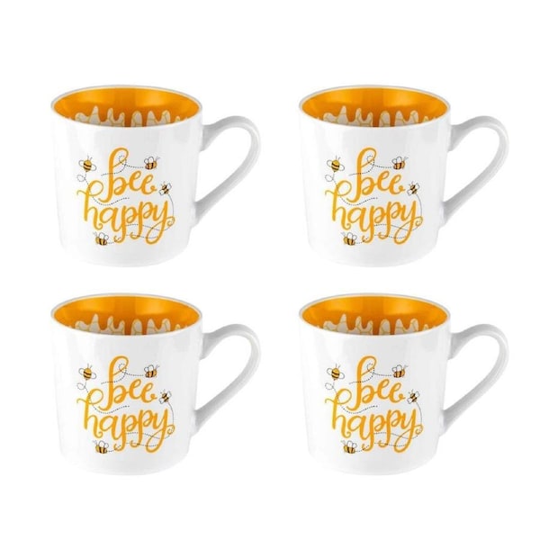4PK LMD New Bone China Bee Happy Beautiful On The Inside Coffee Mug 400ml