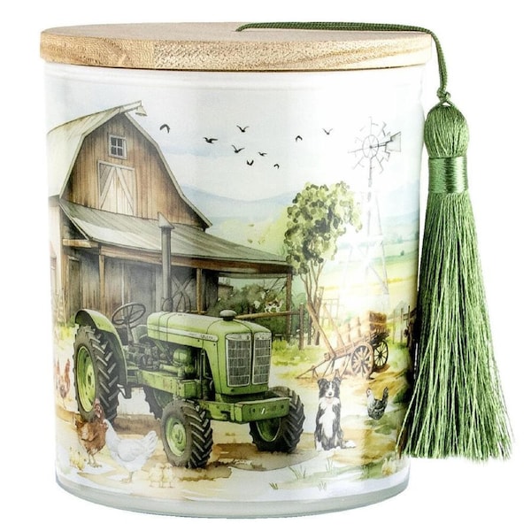 LMD Country Life Glass Candle w/ Tassel/Lid Home Decor 300g Green Truck