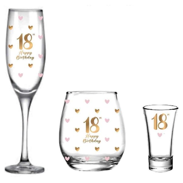 3pc LMD 18th Birthday Champagne/Stemless/Shot Glass Drinkware Set Clear