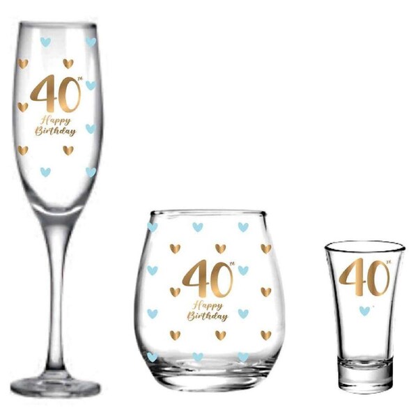 3pc LMD 40th Birthday Champagne/Stemless/Shot Glass Drinkware Set Clear