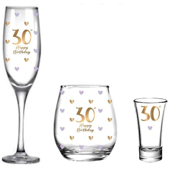 3pc LMD 30th Birthday Champagne/Stemless/Shot Glass Drinkware Set Clear