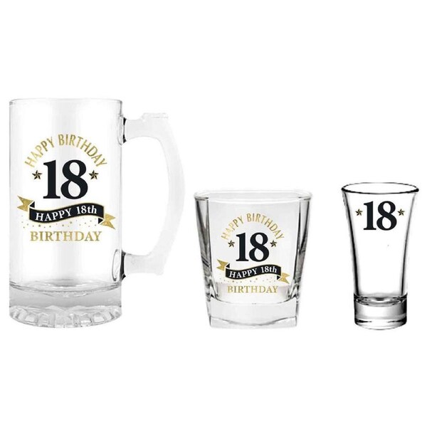 3pc LMD 18th Birthday Beer Stein/Whisky/Shot Glasses Drinkware Set Clear
