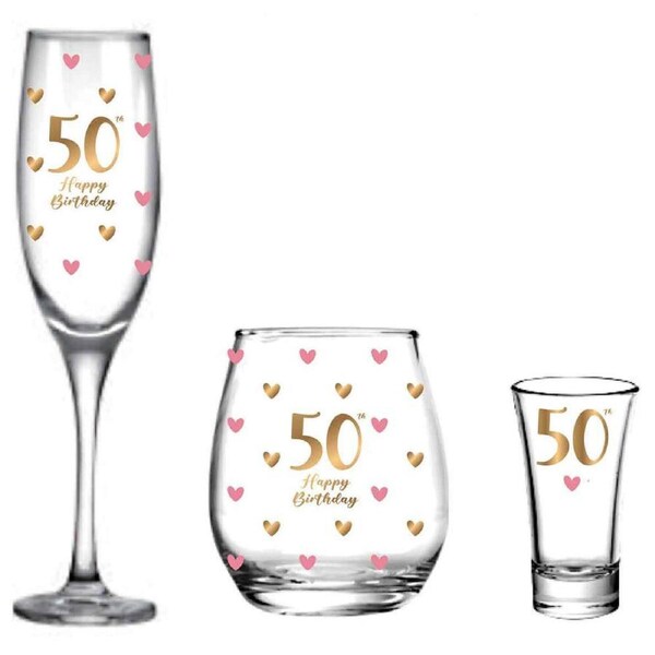 3pc LMD 50th Birthday Champagne/Stemless/Shot Glass Drinkware Set Clear