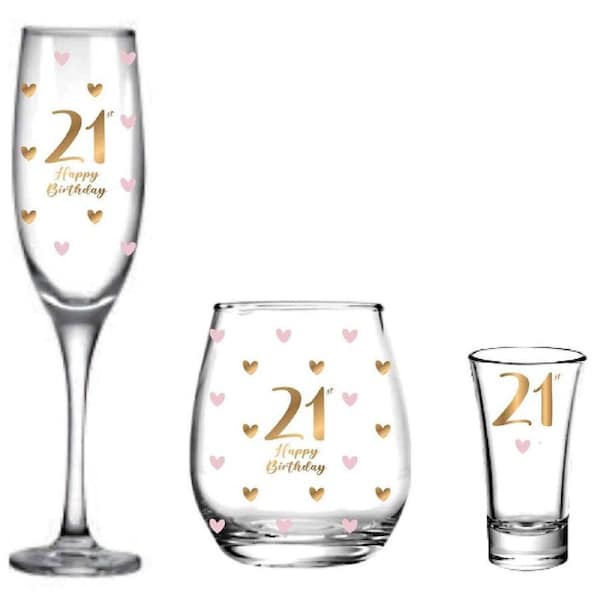 3pc LMD 21st Birthday Champagne/Stemless/Shot Glass Drinkware Set Clear