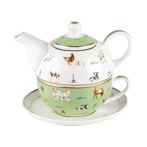 LMD Farm Lane New Bone China Tea For One Teapot Kettle w/ Saucer Set 410ml