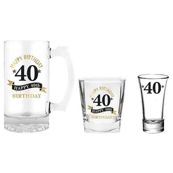 3pc LMD 40th Birthday Beer Stein/Whisky/Shot Drinkware Glasses Set Clear