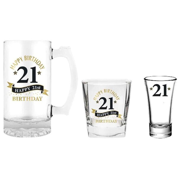 3pc LMD 21st Birthday Beer Stein/Whisky/Shot Drinkware Glasses Set Clear