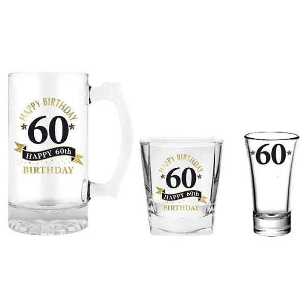 3pc LMD 60th Birthday Beer Stein/Whisky/Shot Drinkware Glasses Set Clear