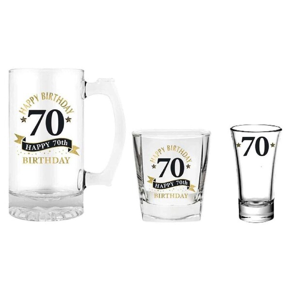 3pc LMD 70th Birthday Beer Stein/Whisky/Shot Drinkware Glasses Set Clear