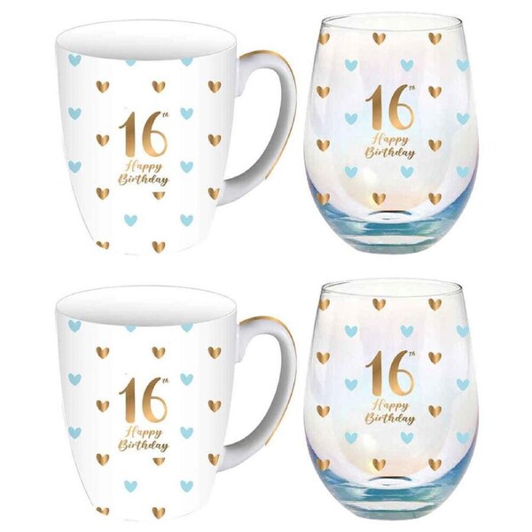 2x 2pc LMD 16th Birthday Sweet Heart Mug & Stemless Wine Glass Drinkware Set