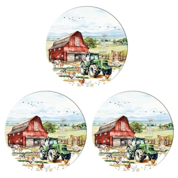 3PK LMD Country Life Ceramic Surface Protector Decor Round 25cm Green Truck