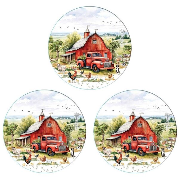 3PK LMD Country Life Ceramic Surface Protector Trivet Decor Round 25cm Red Truck