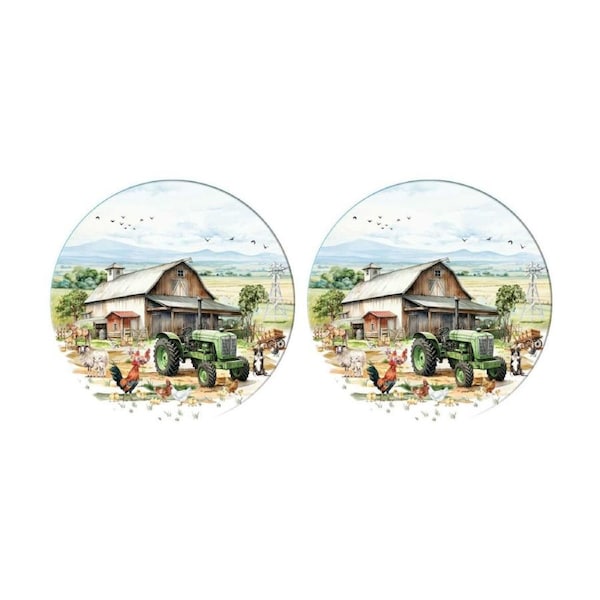 2PK LMD Country Life Ceramic Surface Protector Decor Round 25cm Old Tractor