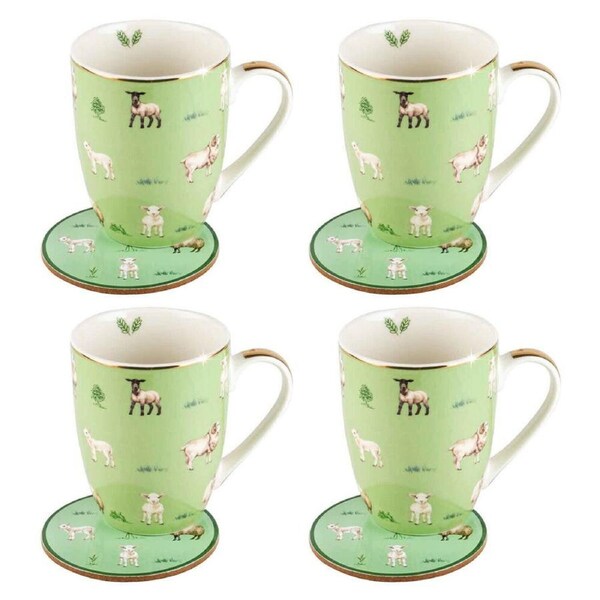 4PK LMD Sheep Farm Lane New Bone China Coffee Mug w/ Coaster 360ml Set Green