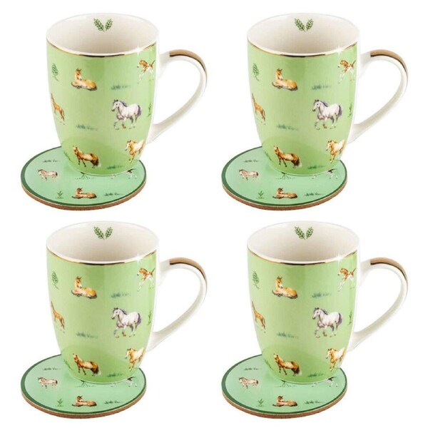 4PK LMD Horses Farm Lane New Bone China Coffee Mug w/ Coaster 360ml Set Green