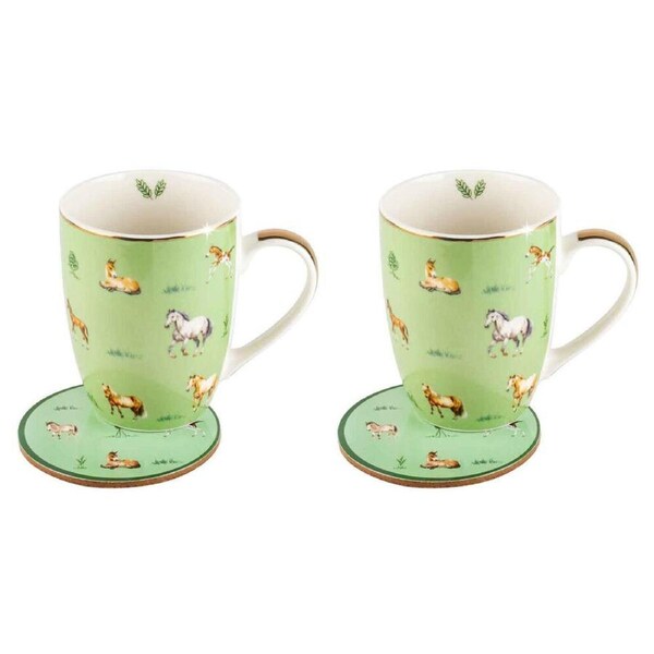 2PK LMD Horses Farm Lane New Bone China Coffee Mug w/ Coaster 360ml Set Green