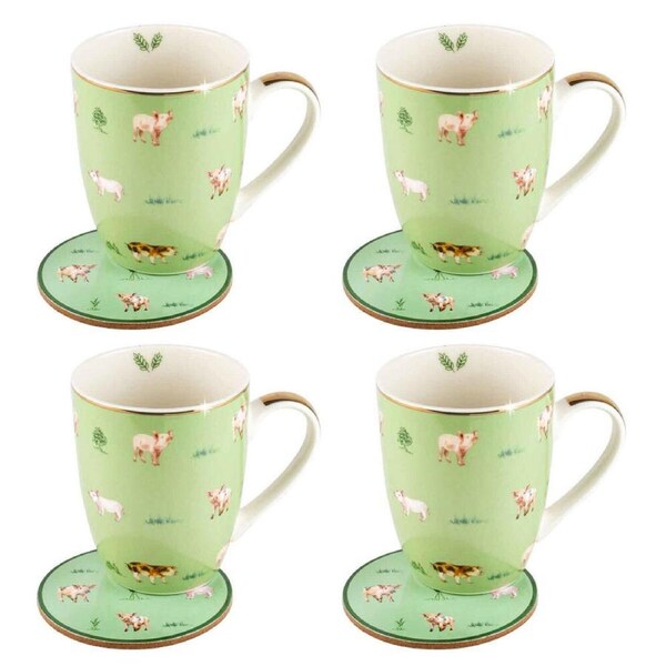 4PK LMD Pigs Farm Lane New Bone China Coffee Mug w/ Coaster 360ml Set Green