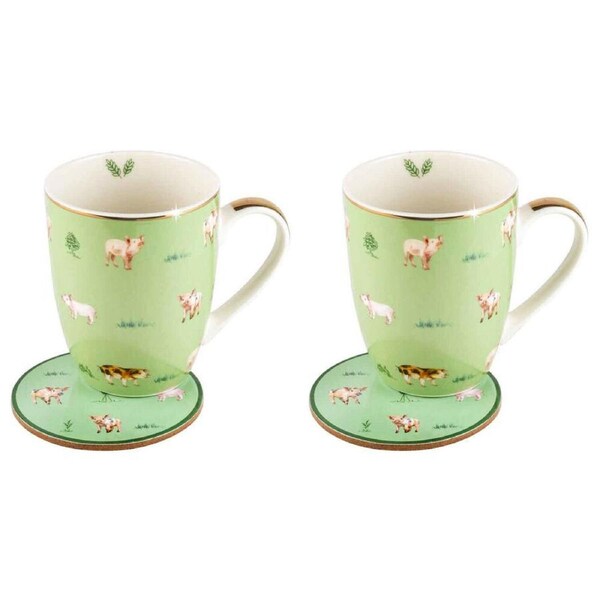 2PK LMD Pigs Farm Lane New Bone China Coffee Mug w/ Coaster 360ml Set Green