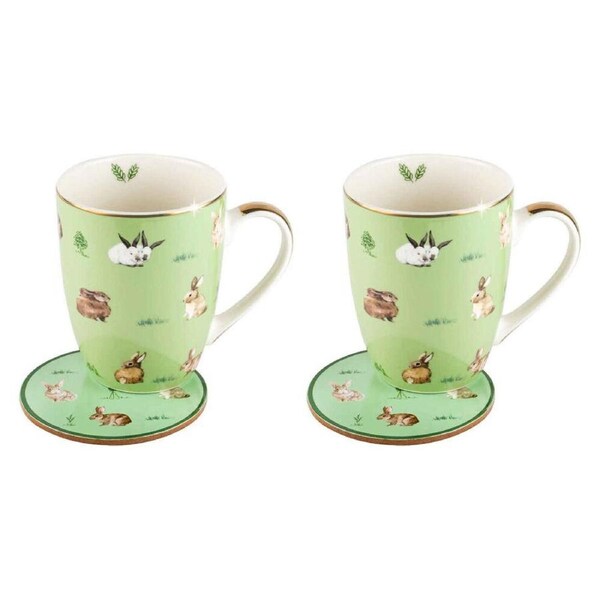 2PK LMD Bunnies Farm Lane New Bone China Coffee Mug w/ Coaster Set 360ml Green