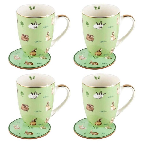 4PK LMD Bunnies Farm Lane New Bone China Coffee Mug w/ Coaster Set 360ml Green