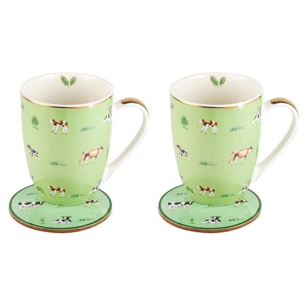 2PK LMD Cows Farm Lane New Bone China Coffee Mug w/ Coaster 360ml Set Green
