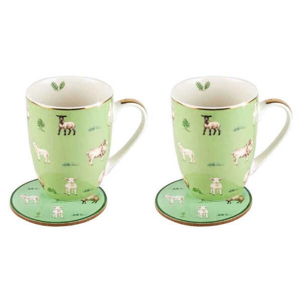 2PK LMD Sheep Farm Lane New Bone China Coffee Mug w/ Coaster 360ml Set Green