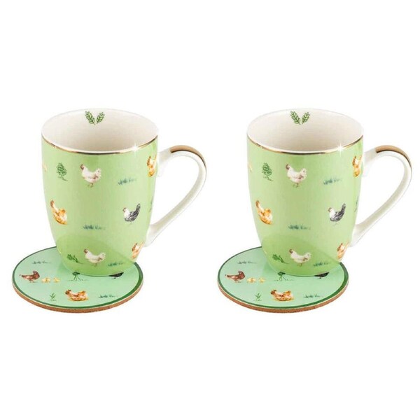 2PK LMD Chickens Farm Lane New Bone China Coffee Mug w/ Coaster 360ml Green