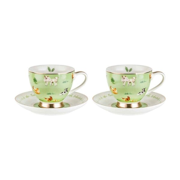 2x 2pc LMD Farm Lane New Bone China Tea Cup & Saucer 200ml Drinkware Set Green