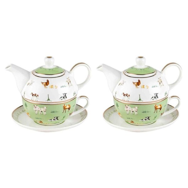 2PK LMD Farm Lane New Bone China Tea For One Teapot Kettle w/ Saucer Set 410ml