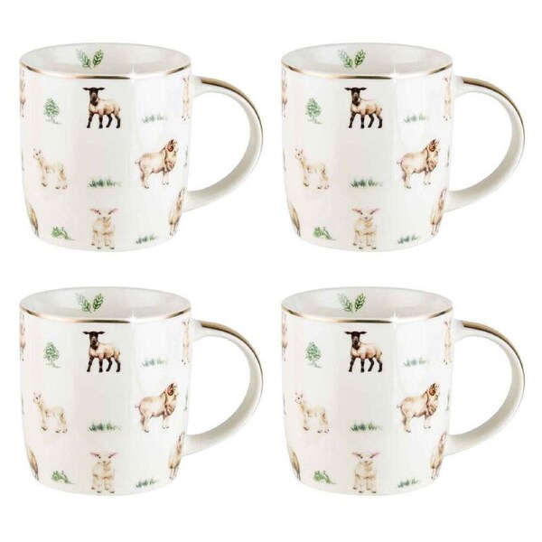 4PK LMD Sheep Farm Lane New Bone China Tea/Coffee Mug Drinkware 360ml White