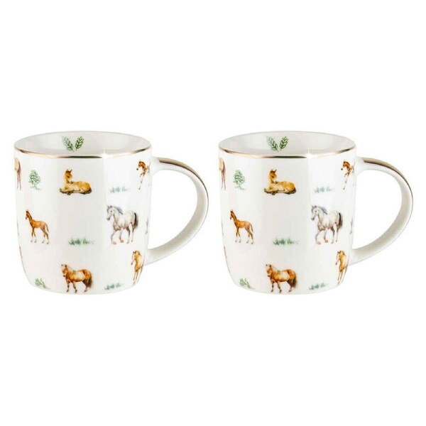 2PK LMD Horses Farm Lane New Bone China Tea/Coffee Mug Drinkware 360ml White